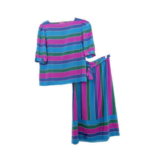 Vintage Green Blue Purple Striped Blouse Skirt Coordinating Matching Set Medium
